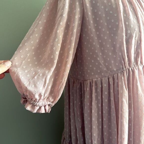Easel Los Angeles Swiss Dot Peasant Tiered BabydollDress Blush Pink Size L - Picture 5 of 10